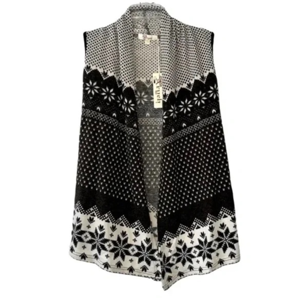 Aryeh | New Black Cream Fair Isle Open Front Sleeveless Cardigan, Large - Picture 1 of 7